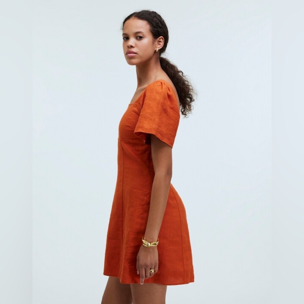 Madewell Linen Square Neck Mini Dress Dark Copper Size 0 - Picture 2 of 12